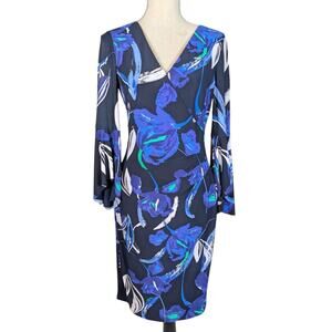 Ralph Lauren Floral Wrap Style Dress Bell Sleeve Navy Blue Size 4